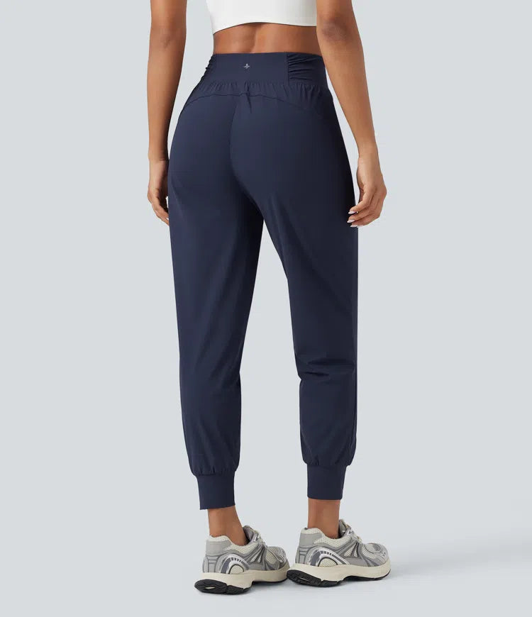High Waisted Drawstring Ruched Tapered Quick Dry Cool Touch Dance Joggers with Pockets-UPF40+