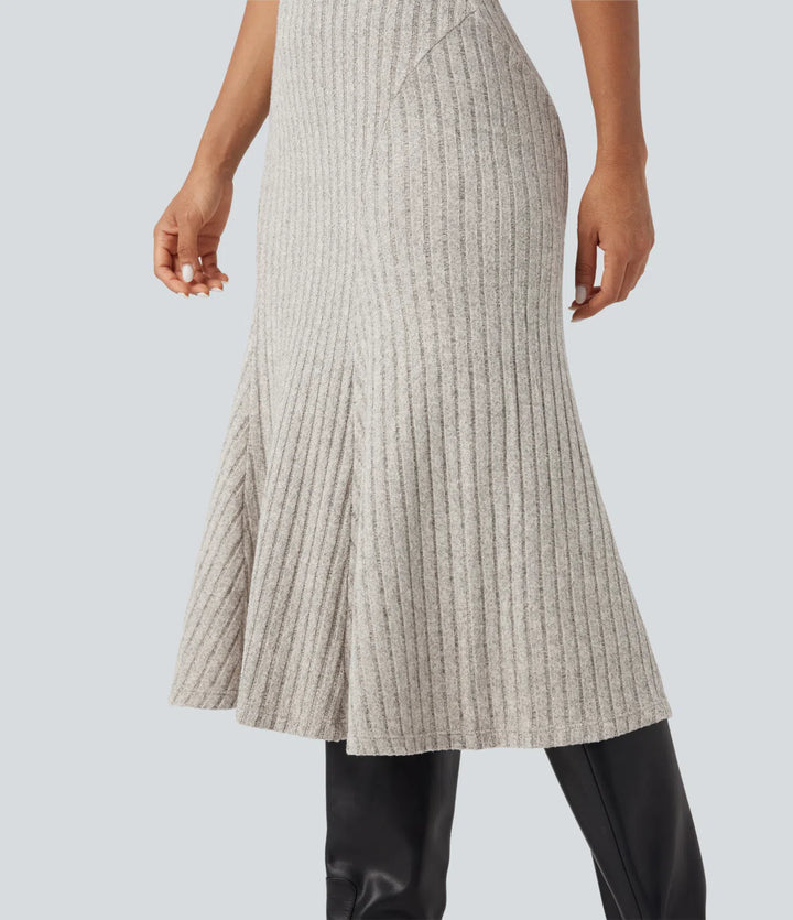 Ribbed Knit High-waisted Midi Casual A-line Skirt