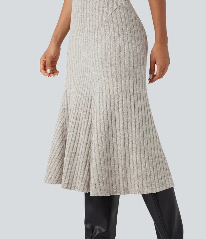 Ribbed Knit High-waisted Midi Casual A-line Skirt