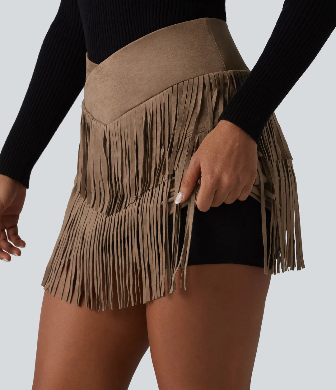 Crossover High Waisted 2-in-1 Fringe Hem Bodycon Mini Suede Party Skirt