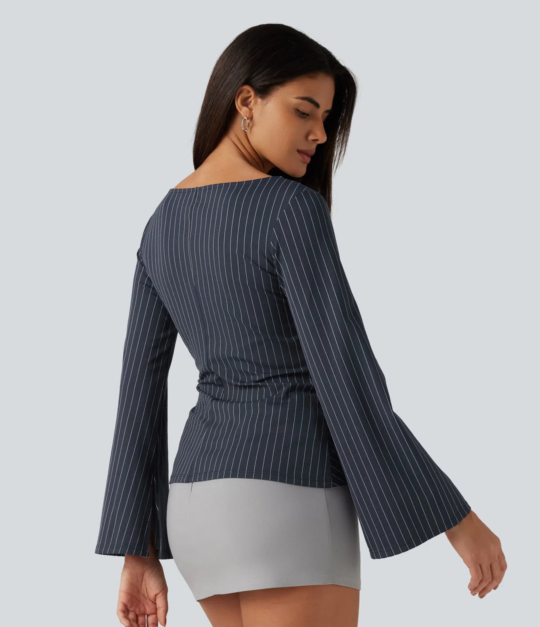 Boat Neck Flounce Long Sleeve Tie Side Ruched Stripe Work Blouse