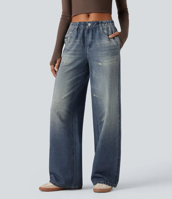 Mid Rise Denim Print French Terry Casual Sweatpants Jeans with Pockets