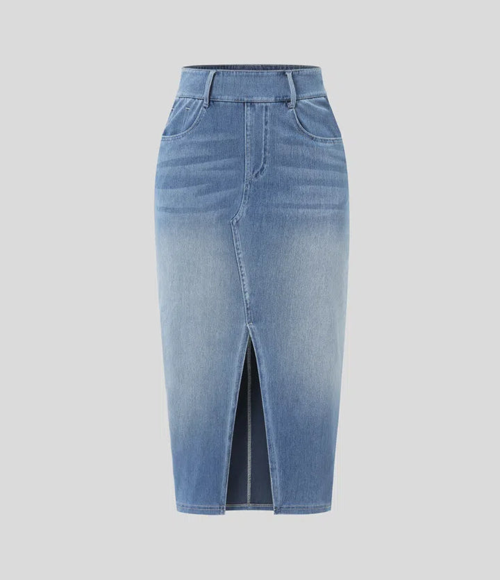 Halara Flex High Waisted Pockets Bodycon Washed Denim Casual Midi Skirt