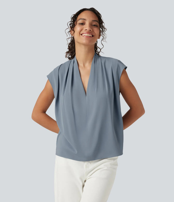 Wrinkle Recovery V Neck Sleeveless Ruched Boxy Casual Blouse