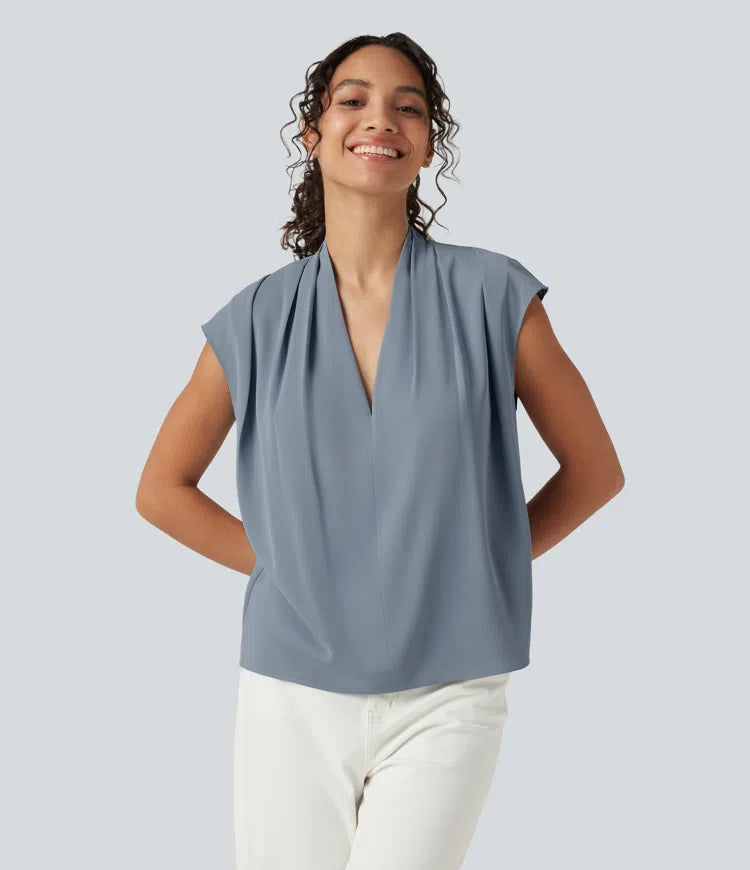 Wrinkle Recovery V Neck Sleeveless Ruched Boxy Casual Blouse