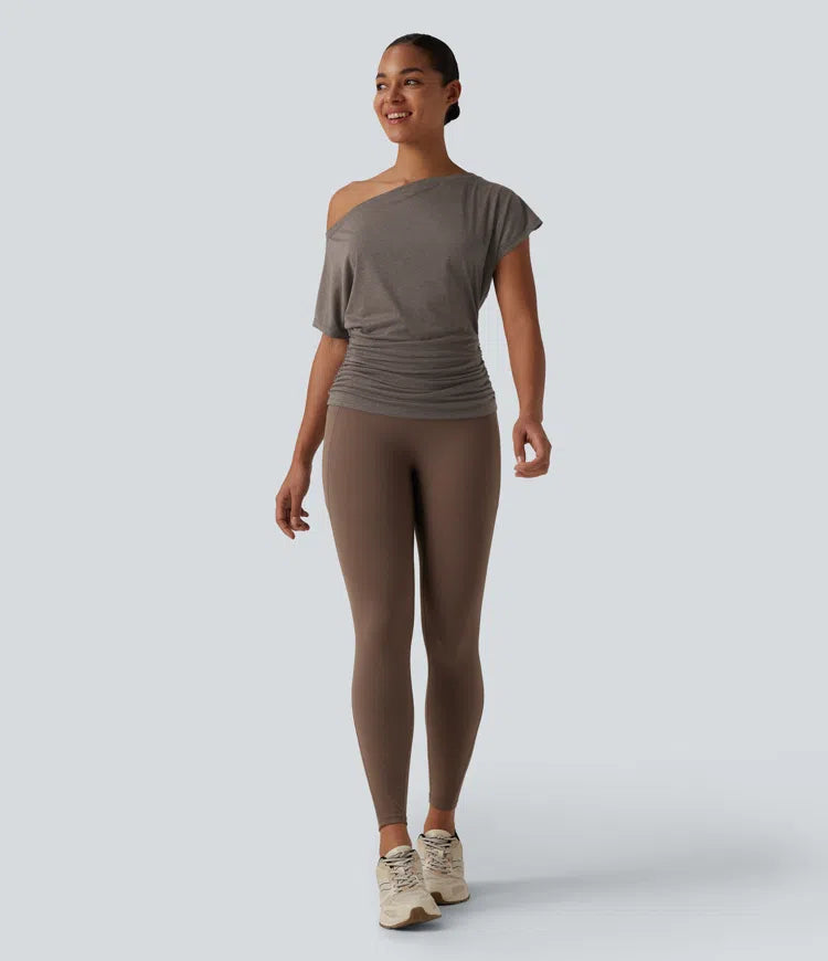One Shoulder Short Sleeve Ruched Yoga Sports Top