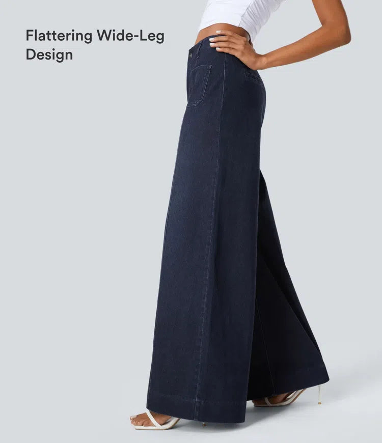 Halara Flex High Waisted Pockets Washed Casual Wide Leg Jeans