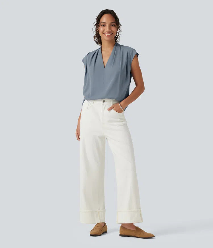 Wrinkle Recovery V Neck Sleeveless Ruched Boxy Casual Blouse