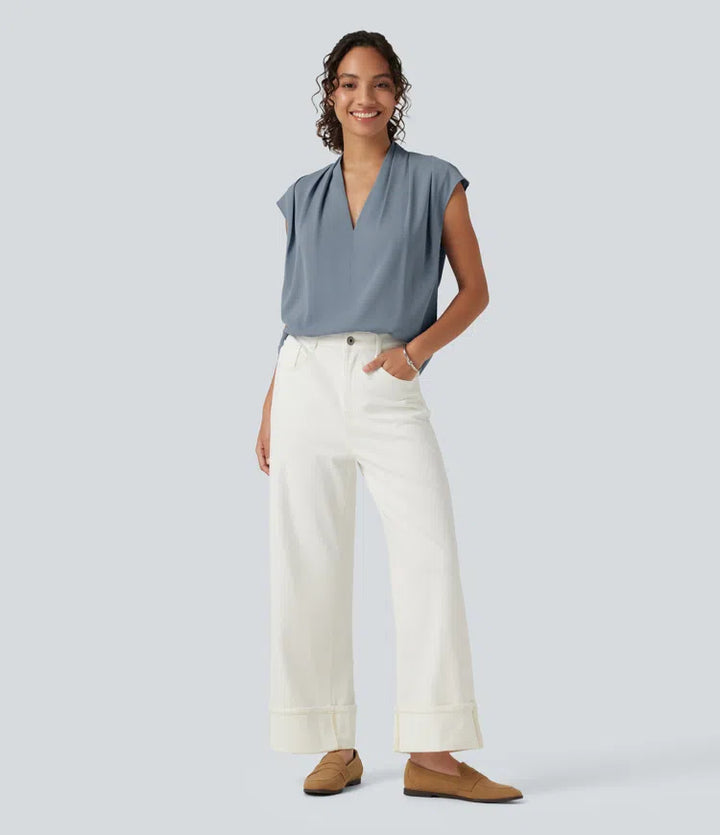 Wrinkle Recovery V Neck Sleeveless Ruched Boxy Casual Blouse