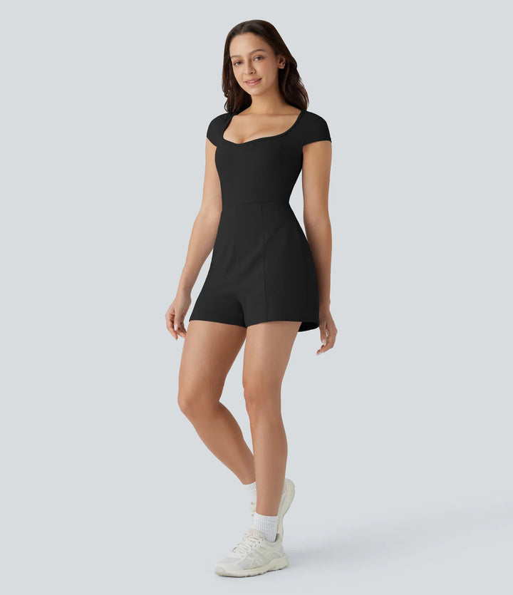 SoftlyZero Airy U Neck Cap Sleeve Pocket Cool Touch Yoga Romper-Easy Peezy