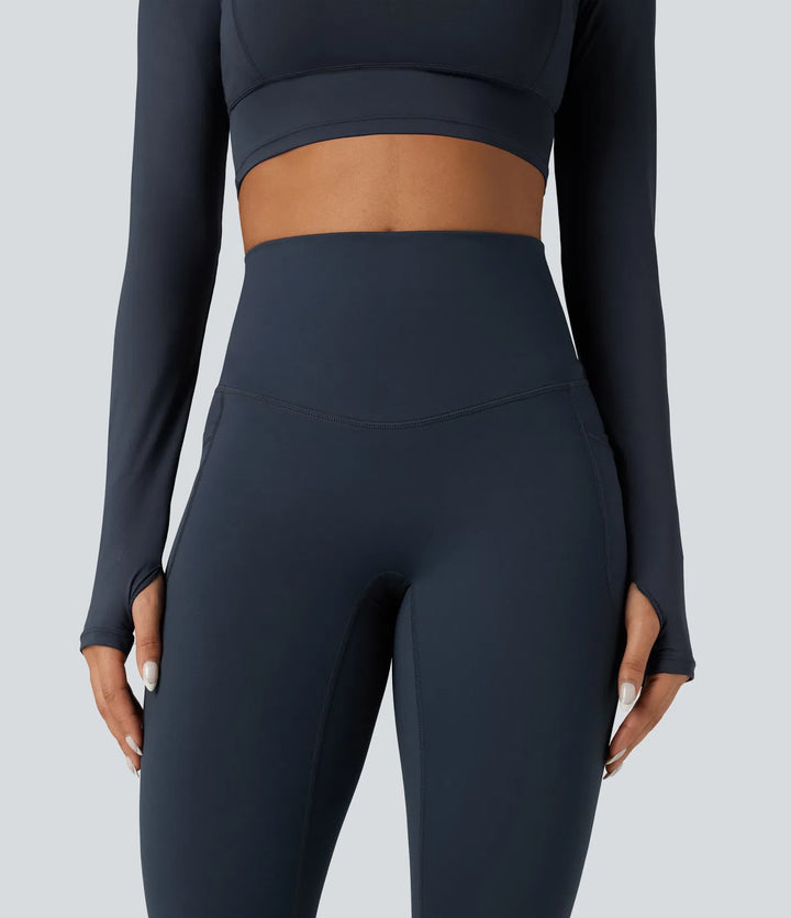 Halara Ultrasculpt Heat High Waisted Tummy Control Crossover Back Fleece Running Leggings with Pockets