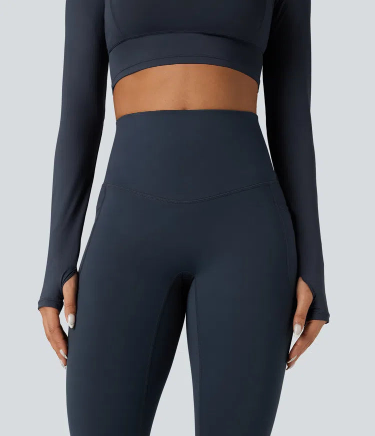 Halara Ultrasculpt Heat High Waisted Tummy Control Crossover Back Fleece Running Leggings with Pockets
