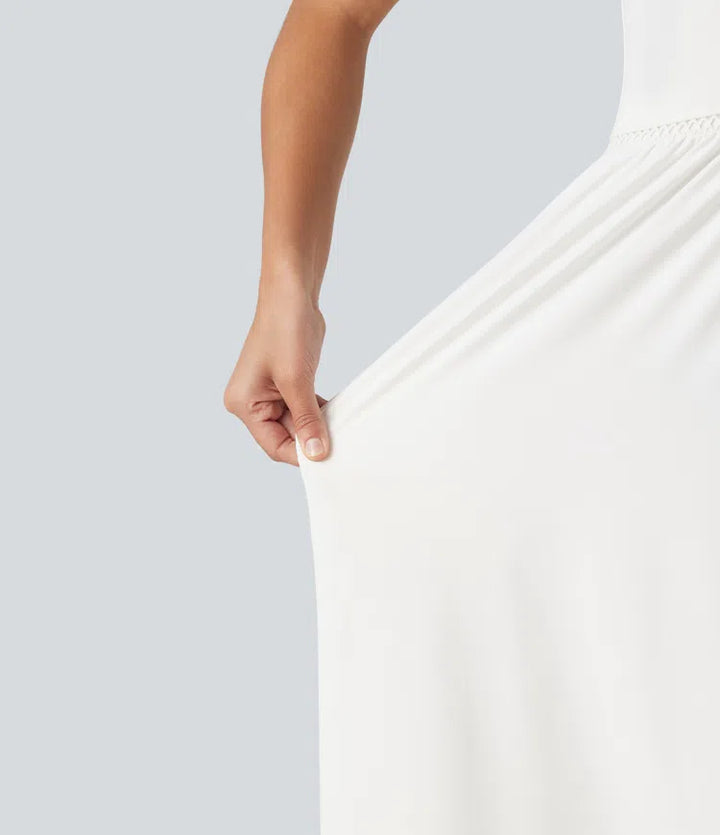 Square Neck Cut Out A-Line Flowy Midi Resort Tank Dress with Pockets