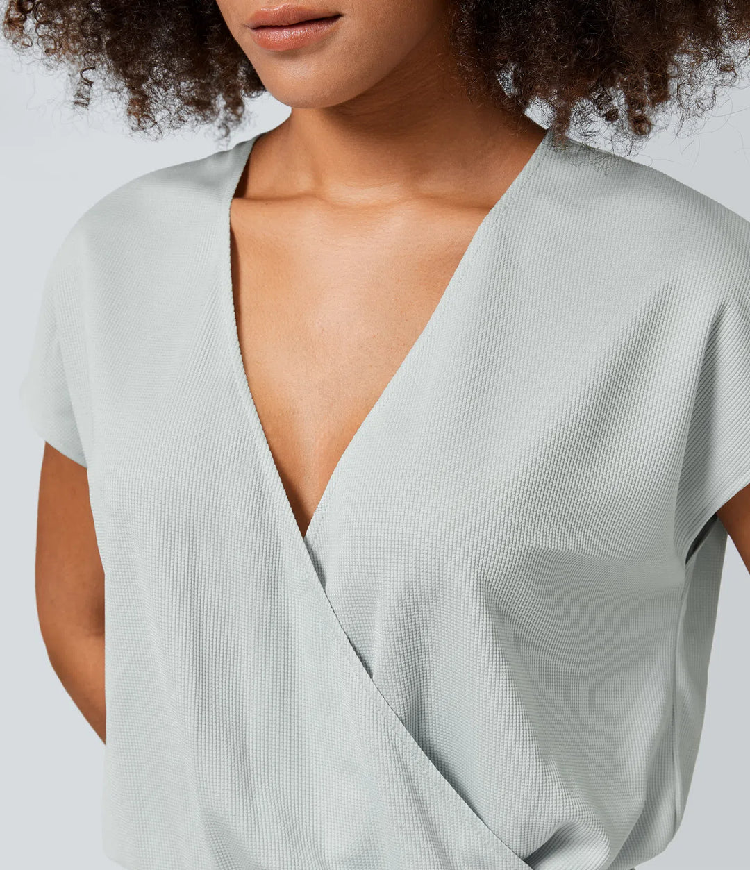 V Neck Short Sleeve Side Pocket Wide Leg Flowy Waffle Casual Jumpsuit