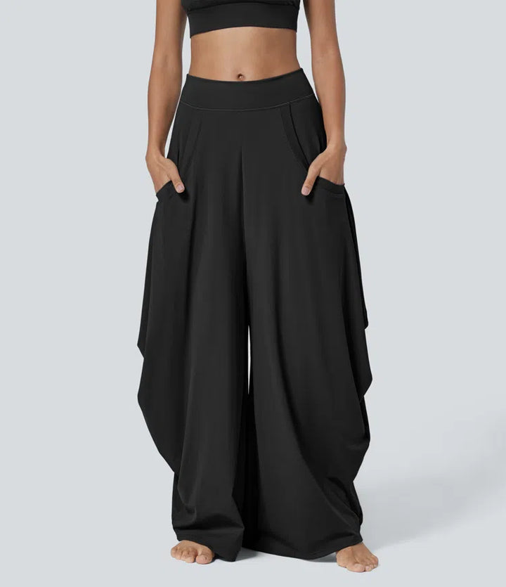 Mid Rise Pockets Draped Wide Leg Baggy Casual Pants
