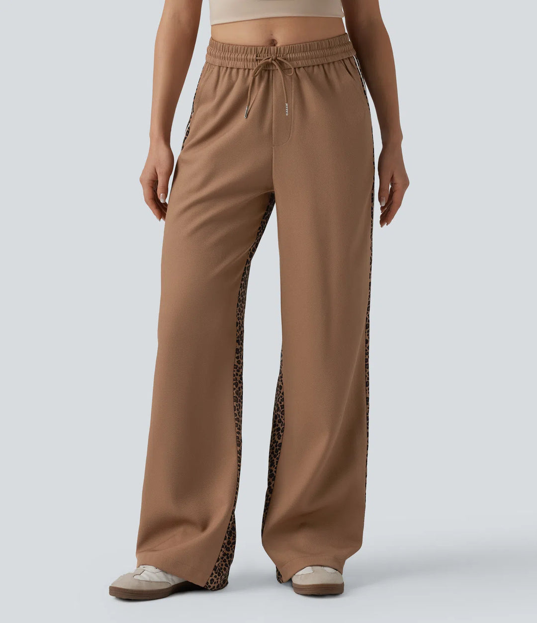 Mid Rise Drawstring Color Block Stripes Contrast Leopard Casual Baggy Pants with Pockets