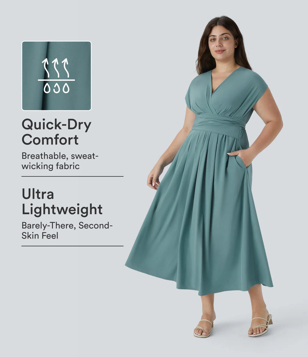 Breezeful V Neck Short Sleeve Pocket Tie Back Quick Dry Midi Casual Plus Size Dress