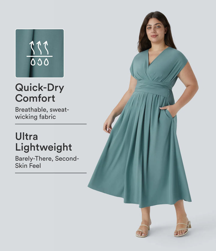 Breezeful V Neck Short Sleeve Pocket Tie Back Quick Dry Midi Casual Plus Size Dress