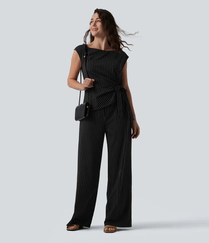 Boat Neck Sleeveless Tie Side Cool Touch Stripe Work Jumpsuit with Pockets-Easy Peezy Edition