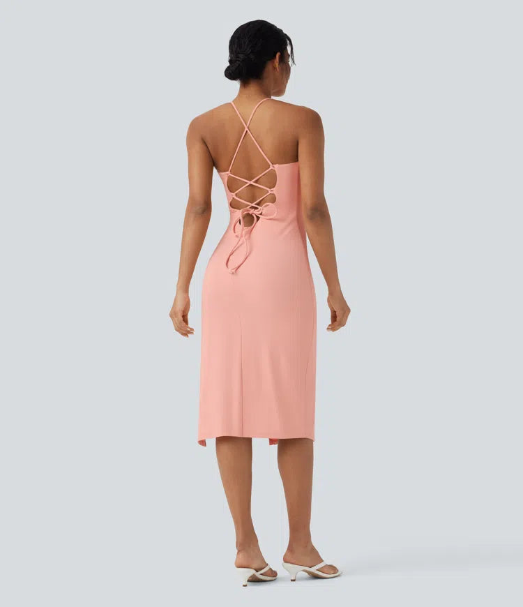 SoftlyZero Airy Crossover Ruched Lace Up Bodycon InstantCool Dress DD-F Cups