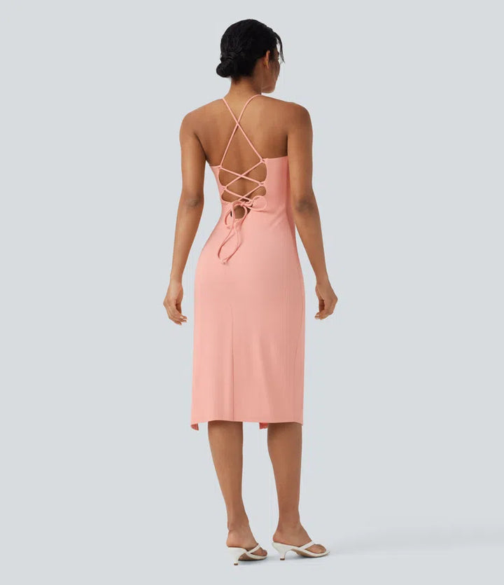 SoftlyZero Airy Crossover Ruched Lace Up Bodycon InstantCool Dress DD-F Cups