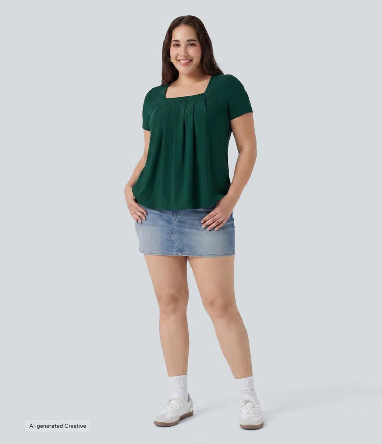 Plus Size Square Neck Short Sleeve Casual Blouse