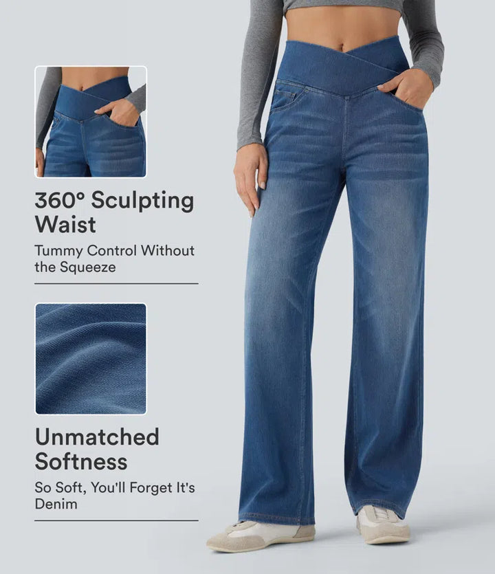 Halara Flex Crossover High Waisted Tummy Control Casual Straight Leg Jeans with Pockets