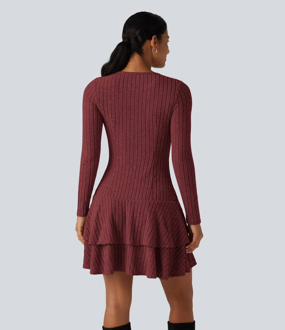 Ribbed Knit Round Neck Long Sleeve Layered Ruffle Hem Mini Casual Dress