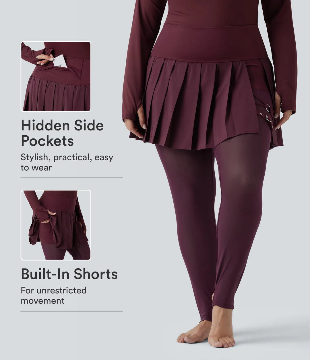Breezeful High Waisted Pleated 2-in-1 Contrast Mesh Quick Dry Dance Plus Size Stirrup Skirted Leggings with Pockets