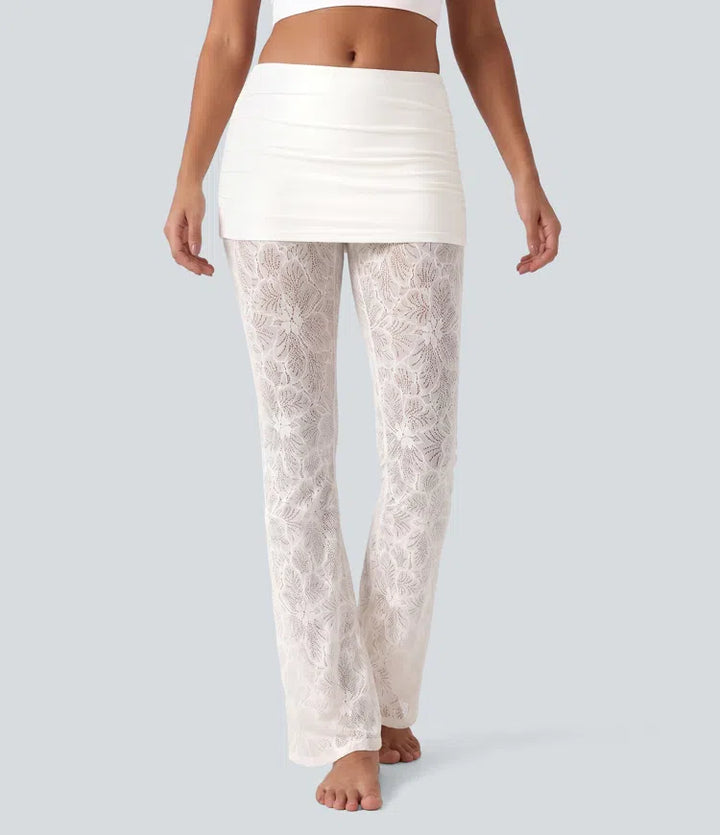SoftlyZero High Stretch Lace Bootcut Casual Skirted Leggings with Pockets