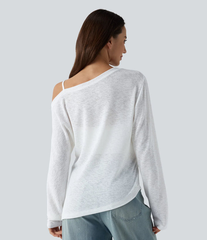 Semi Sheer One Shoulder Long Sleeve Asymmetric Hem Casual T-Shirt