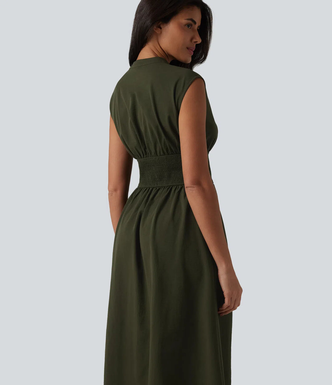 V Neck Sleeveless 2-Way Zipper Midi Work Dress with Pockets