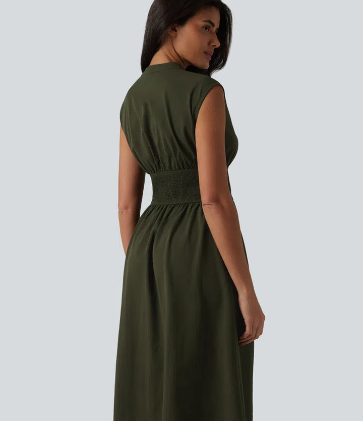 V Neck Sleeveless 2-Way Zipper Midi Work Dress with Pockets