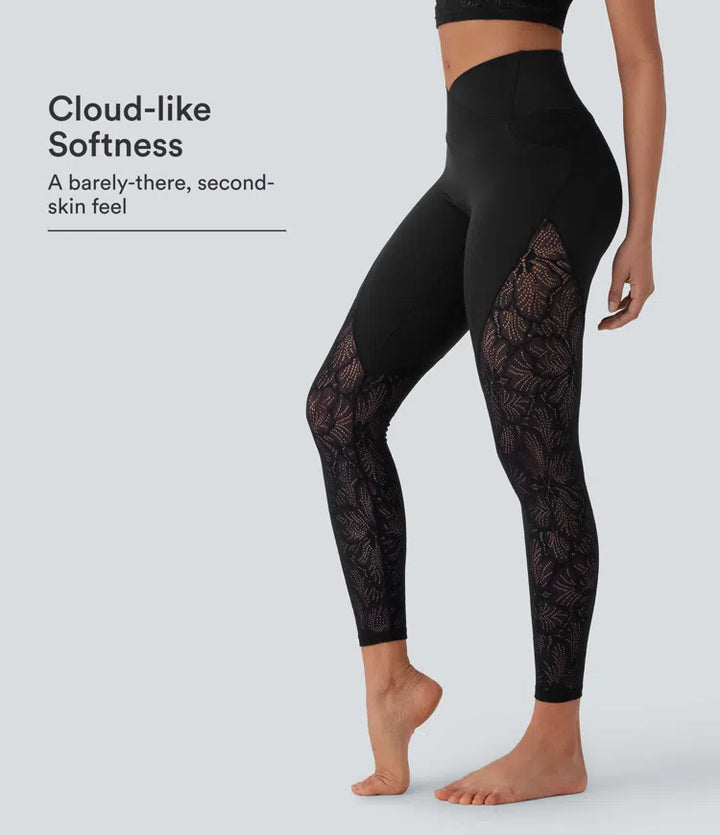 SoftlyZero High Waisted Crossover Pocket Contrast Lace 7/8 Yoga Leggings