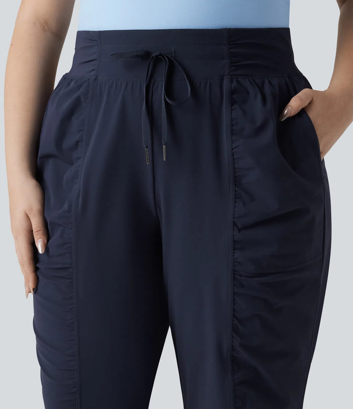 Plus Size High Waisted Drawstring Ruched Tapered Quick Dry InstantCool Dance Joggers with Pockets-UPF40+