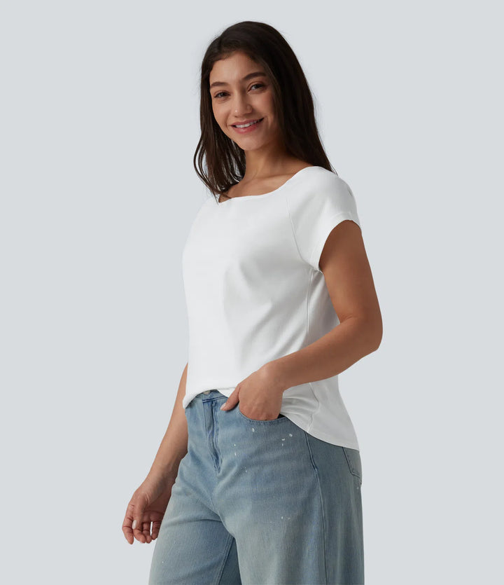 Boat Neck Short Sleeve Casual Pima Cotton T-Shirt