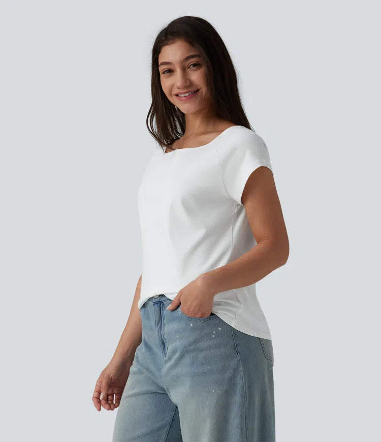 Boat Neck Short Sleeve Casual Pima Cotton T-Shirt