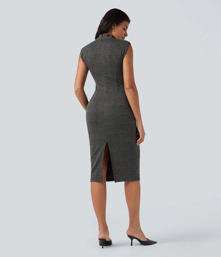 High Neck Sleeveless Bodycon Houndstooth Plaid Midi Work Dress