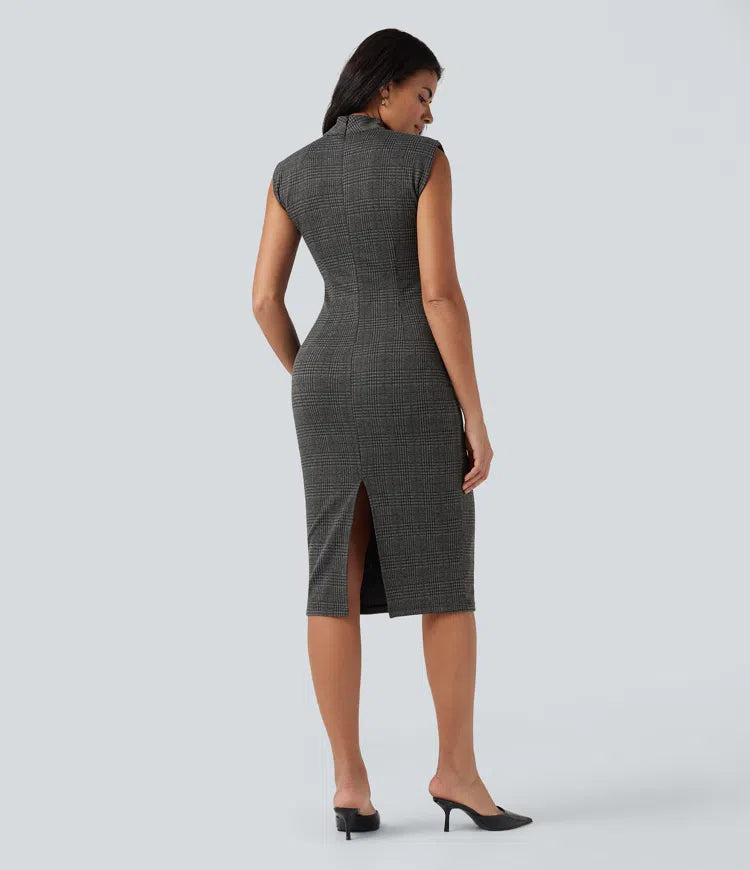High Neck Sleeveless Bodycon Houndstooth Plaid Midi Work Dress