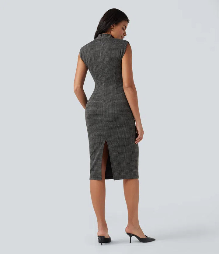 High Neck Sleeveless Bodycon Houndstooth Plaid Midi Work Dress