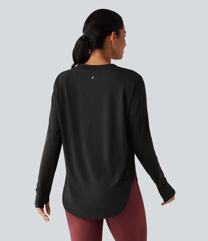 Round Neck Long Sleeve Thumb Hole Built-in Bra Quick Dry Yoga Sports Top