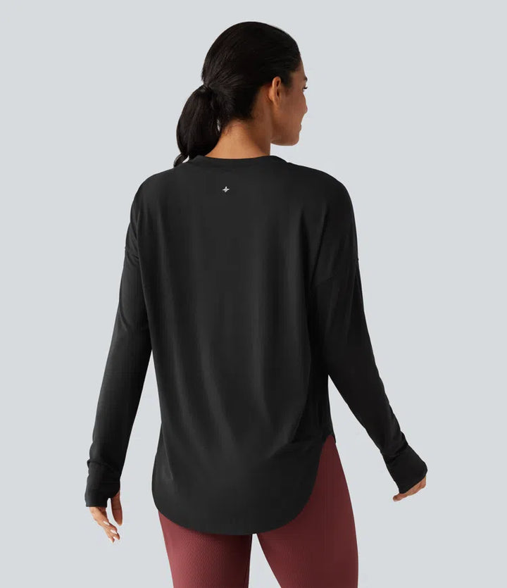 Round Neck Long Sleeve Thumb Hole Built-in Bra Quick Dry Yoga Sports Top