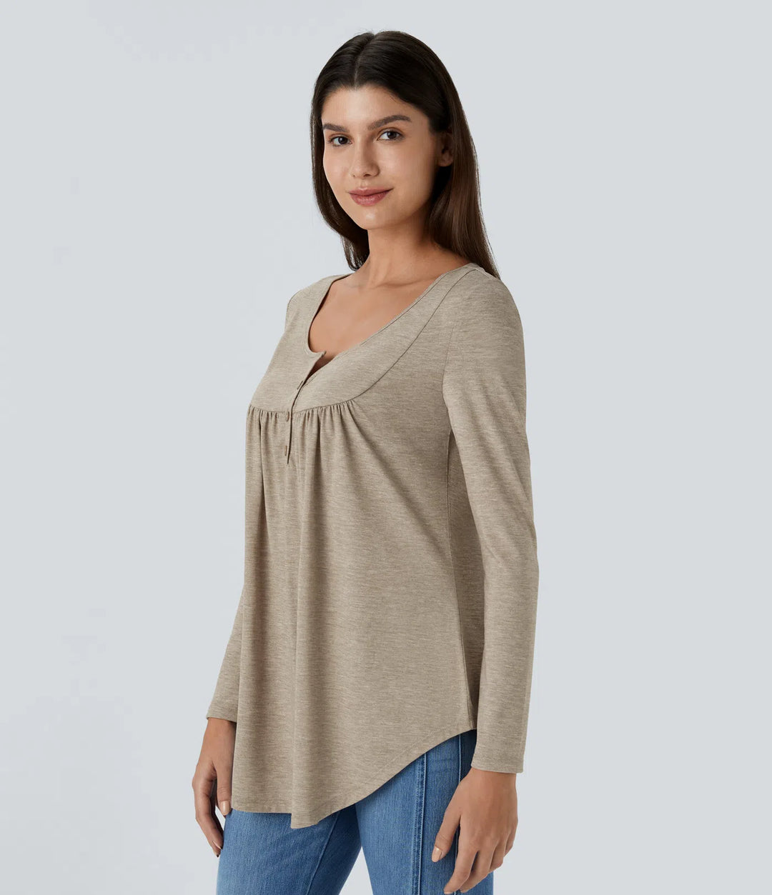 Round Neck Long Sleeve Curved Hem Casual Top