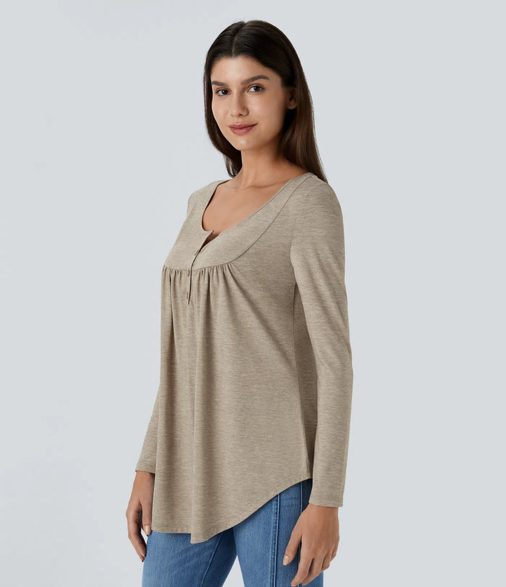 Round Neck Long Sleeve Curved Hem Casual Top