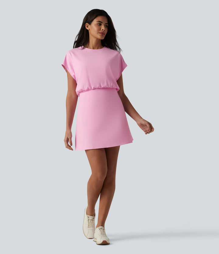 SoftlyZero Airy Round Neck Short Sleeve 2-in-1 InstantCool Mini Yoga Active Dress with Pockets-Easy Peezy Edition
