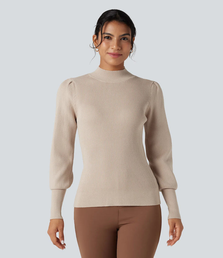 Mock Neck Puff Long Sleeve Casual Sweater