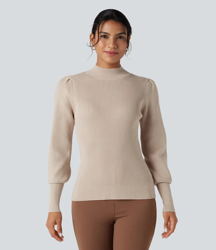 Mock Neck Puff Long Sleeve Casual Sweater