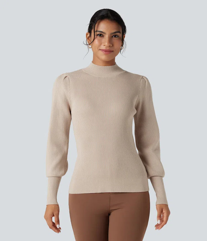 Mock Neck Puff Long Sleeve Casual Sweater