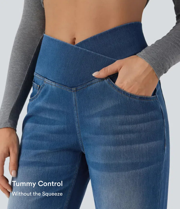 Halara Flex Crossover High Waisted Tummy Control Casual Straight Leg Jeans with Pockets