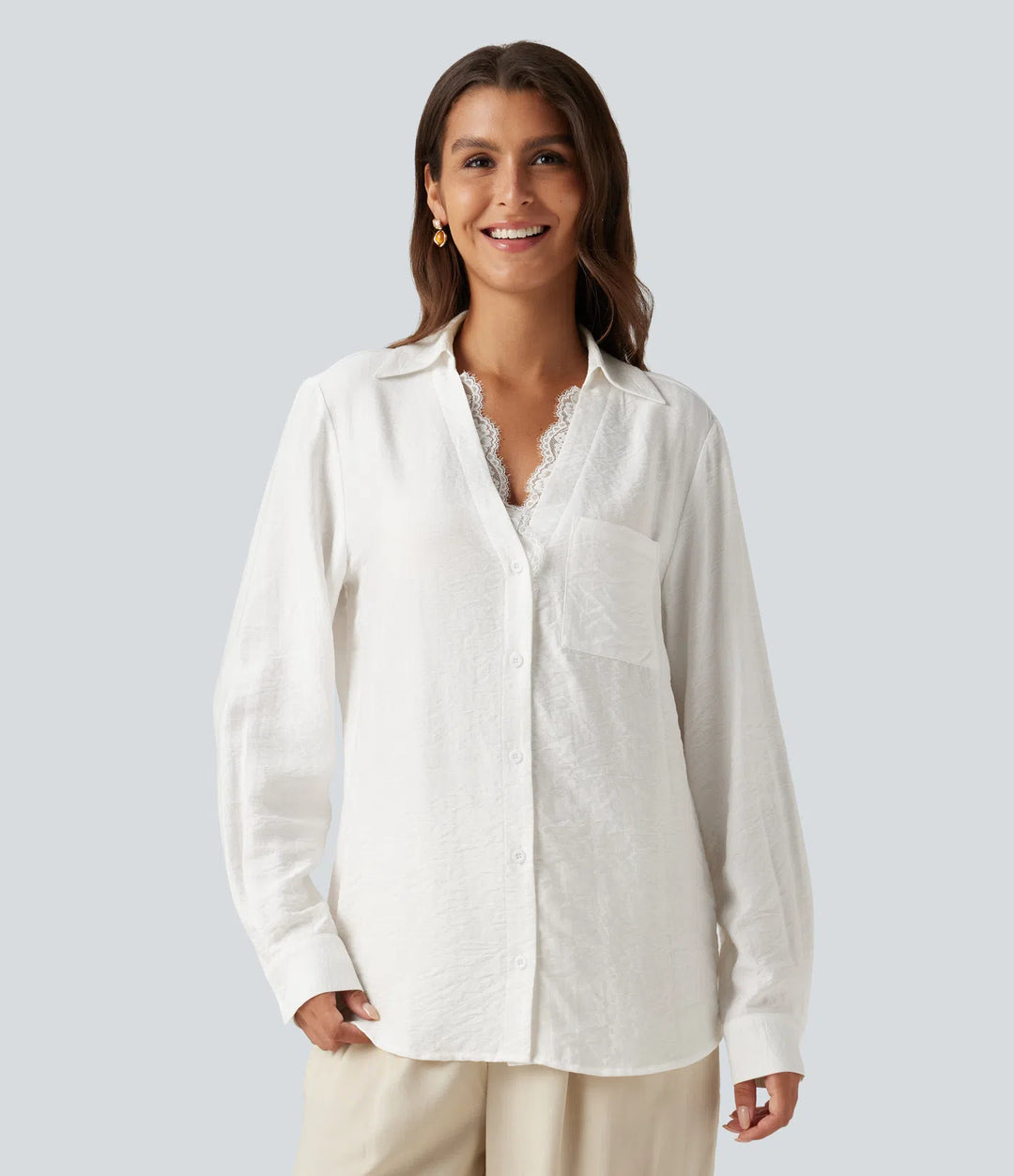 V Neck Contrast Lace Long Sleeve Work Shirt with Pocket